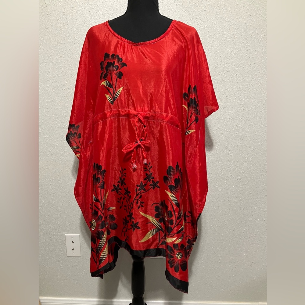 Red Floral Silky Tunic, Top, Caftan, Dress, Cover Up - Drawstring Waist - New